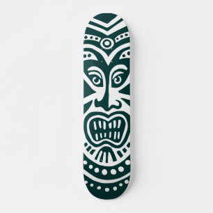 Tiki Mask Style - Dark Green on Wood Skateboard