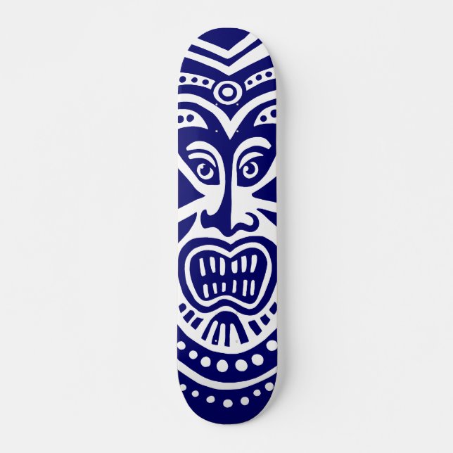 Tiki Mask Style - Navy on White Skateboard (Front)