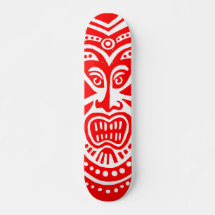 Tiki Mask Style - Red on Wood Skateboard