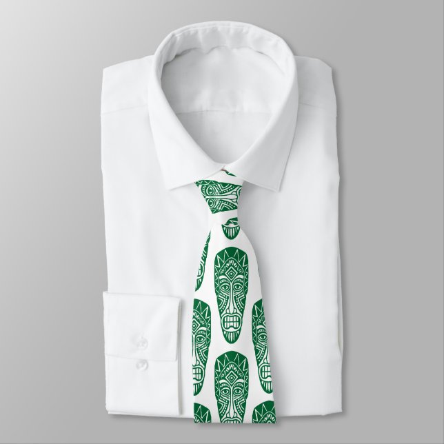 Tiki Masks - Forest Green on White Tie (Tied)