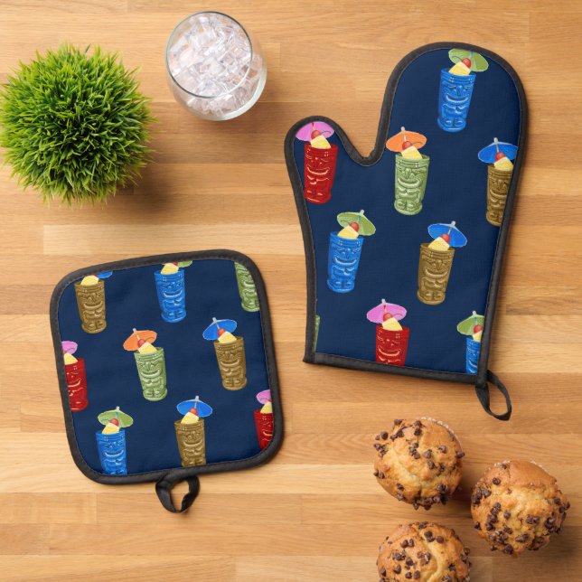 Tiki Mugs Retro Hawaiian Tropical Drinks Navy Oven Mitt & Pot Holder Set (Top Down)