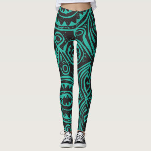 Tiki Polynesian Pattern Black and Green Leggings