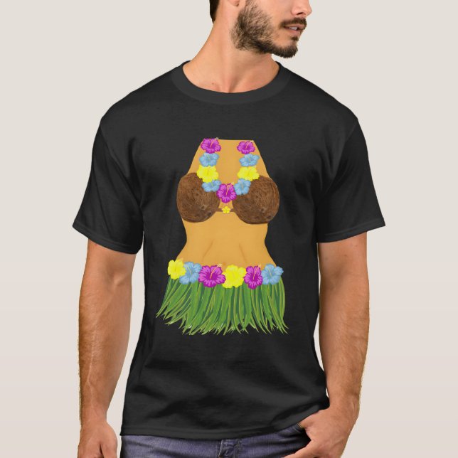 Tiki Py Luau Coconut Bra Grass Skirt Lei Flowers T-Shirt (Front)