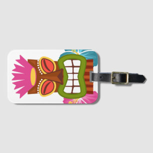 Tiki Statue Hawaiian God Hibiscus Flowers Luggage Tag