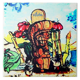 Tiki Statue with Menehune and Hibiscus Tile