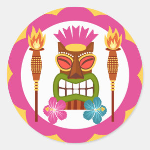 Tiki Statue with Torches Classic Round Sticker
