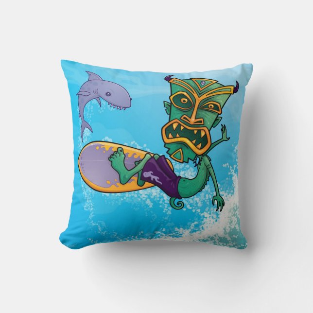 Tiki Surfer Throw Pillow (Front)