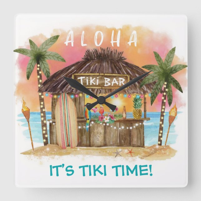 Tiki Time Tropical Beach Bar Surf & Sea Square Wall Clock (Front)