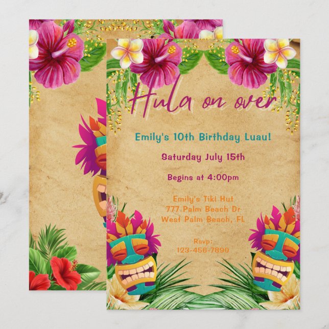 Tiki Tropical Hawaiian Luau Hula on Over Birthday  Invitation (Front/Back)