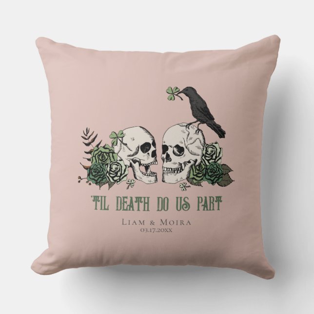 Til Death Blush Pink Gothic Irish Floral Skull Throw Pillow (Front)