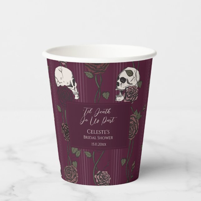 ’Til Death Do Us Part Burgundy Gothic Wedding Paper Cups (Front)
