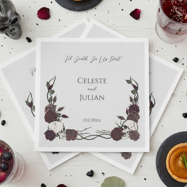 Til Death Do Us Part Gothic Skull & Rose Wedding Napkin (Til Death Gothic Wedding Napkins for Hallowedding or Gothic Party for Her. Dramatic Skull and Roses)