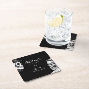 Til Death Do Us Part Gothic Skulls Black Wedding Square Paper Coaster