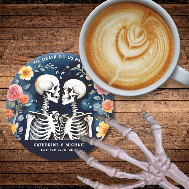 Til Death Do Us Part Skeletons Gothic Wedding Round Paper Coaster (Creator Uploaded)