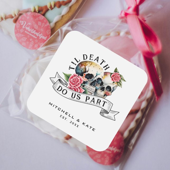 Til Death Do Us Part Skulls & Roses White Wedding Square Sticker (Til Death Do Us Part Skulls & Roses White Wedding Square Sticker)