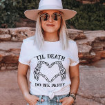 Til Death Do Us Party Gift For Bridesmaid Custom T-Shirt<br><div class="desc">Looking for the perfect way to show your support for your gothic wedding? Look no further than our personalized bridesmaid t-shirt! This shirt features a dark fairytale wedding design with Til Death Do We Party text above the heart and Til Death Do We Part text below it. Perfect for the...</div>