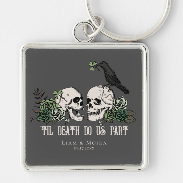 Til Death Gothic Blush Pink Floral Skull Keychain (Front)