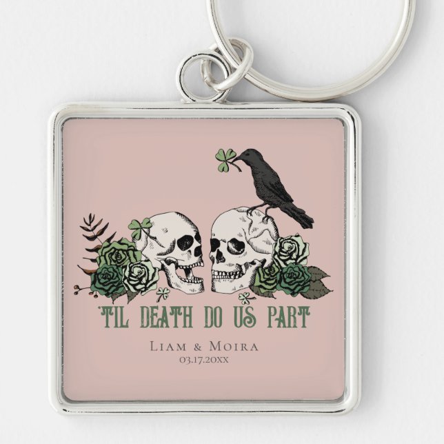 Til Death Gothic Blush Pink Floral Skull Keychain (Front)