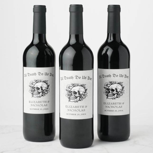 Til Death Gothic Floral Skull Halloween Wedding  Wine Label (Bottles)