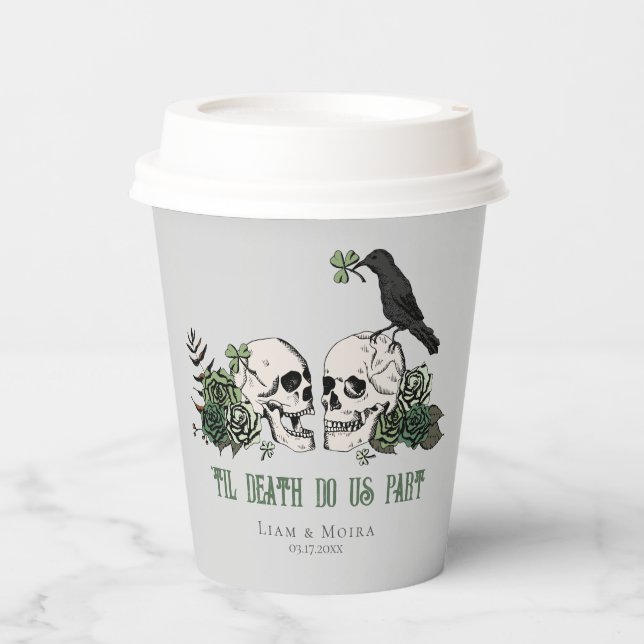 Til Death Gothic Floral Skull Irish Wedding Paper Cups (Front)