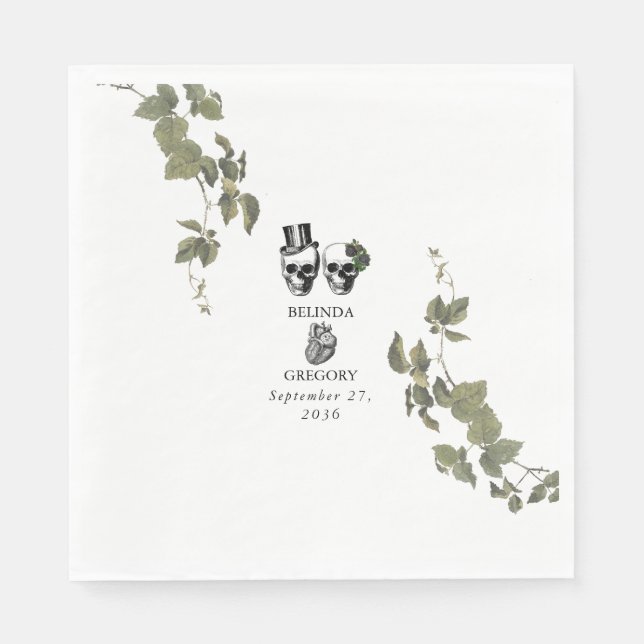 Til Death Gothic Heart Floral Skulls Wedding Napkin (Front)