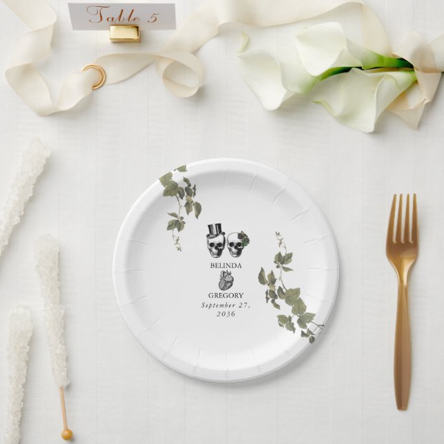 Til Death Gothic Heart Floral Skulls Wedding Paper Plate (Wedding)