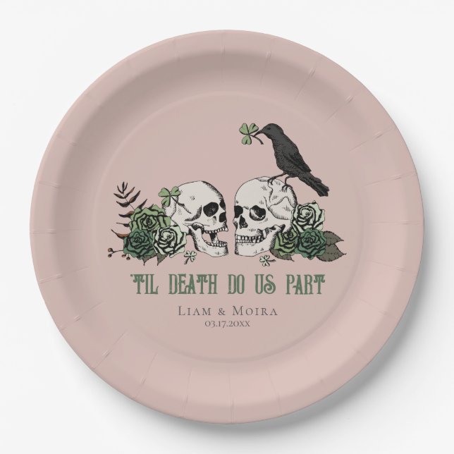 Til Death Gothic St Patricks Day Floral Skull Paper Plate (Front)