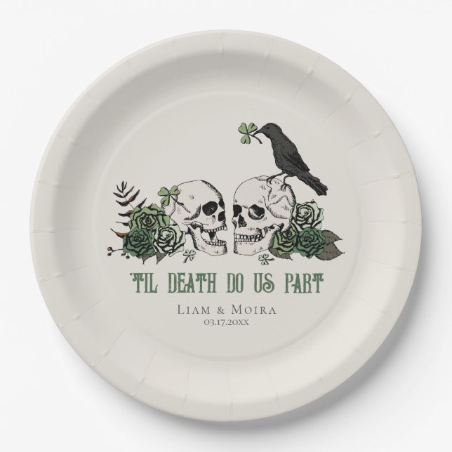 Til Death Gothic St Patricks Day Floral Skull Paper Plate (Front)