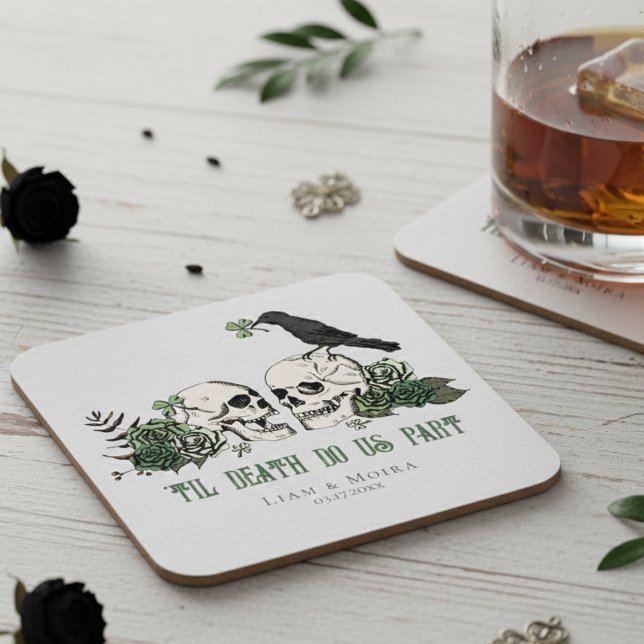 Til Death Gothic St Patricks Day Floral Skull Square Paper Coaster (St Patrick's Day Wedding Irish Coasters for Good Luck. Green Shamrock, Skull, Roses, Clover, Raven)