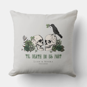 Til Death Grey Gothic Irish Floral Skull & Roses Throw Pillow