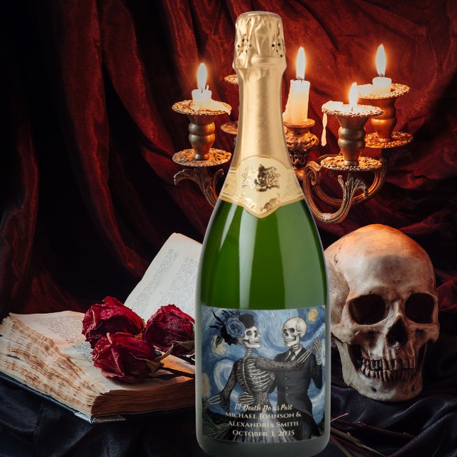 Til Death Skeleton Van Gogh Gothic Wedding Favour Sparkling Wine Label (Creator Uploaded)