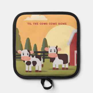Til the Cows Come Home Two Cows Red Barn Sunrise Pot Holder