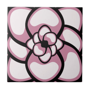 Tile, Abstract Flower 3, Pink, Black, White Tile