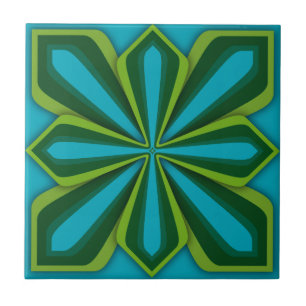 Tile, Abstract Flower, Cyan Chartreuse Green Tile
