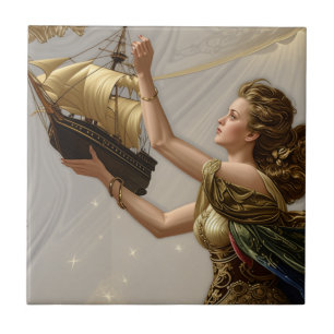Tile: Boat in Hand, Dress of Wine and Green Tile