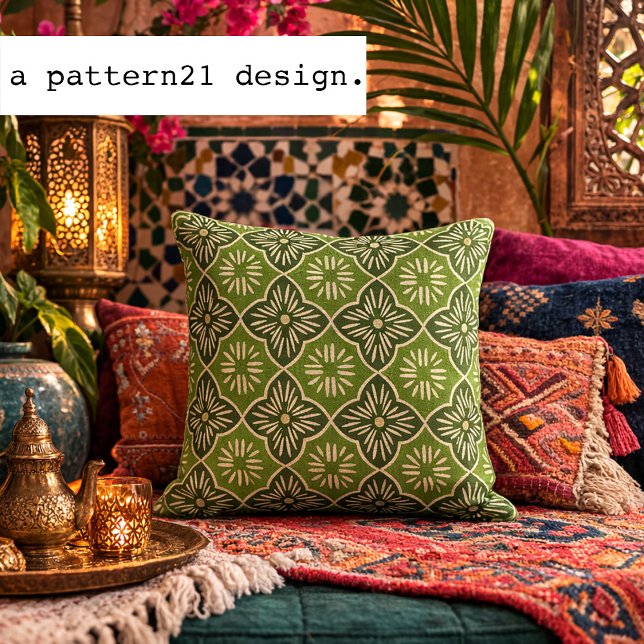 Tile casablanca graphic in green pattern throw pillow (Inspired by Moroccan tilework, this geometric design adds vibrant global charm to bohemian interiors)