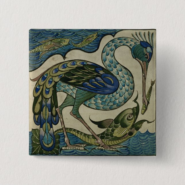 Tile design of heron and fish, by Walter Crane 2 Inch Square Button (Front)