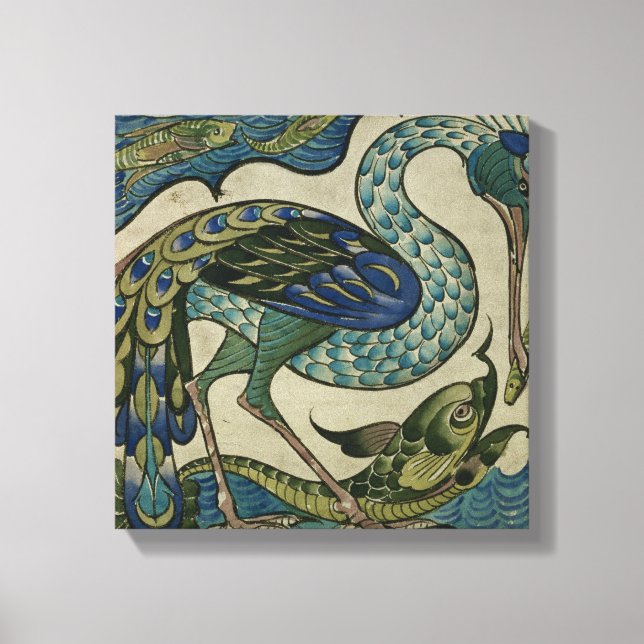Tile design of heron and fish, by Walter Crane Canvas Print (Front)