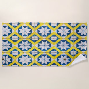 Tile Mosaic Flower Pattern Yellow Blue Beach Towel