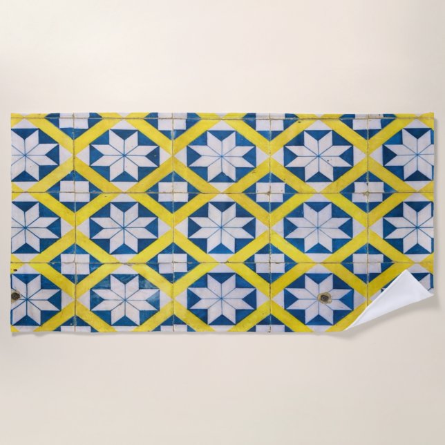 Tile Mosaic Flower Pattern Yellow Blue Beach Towel (Front)