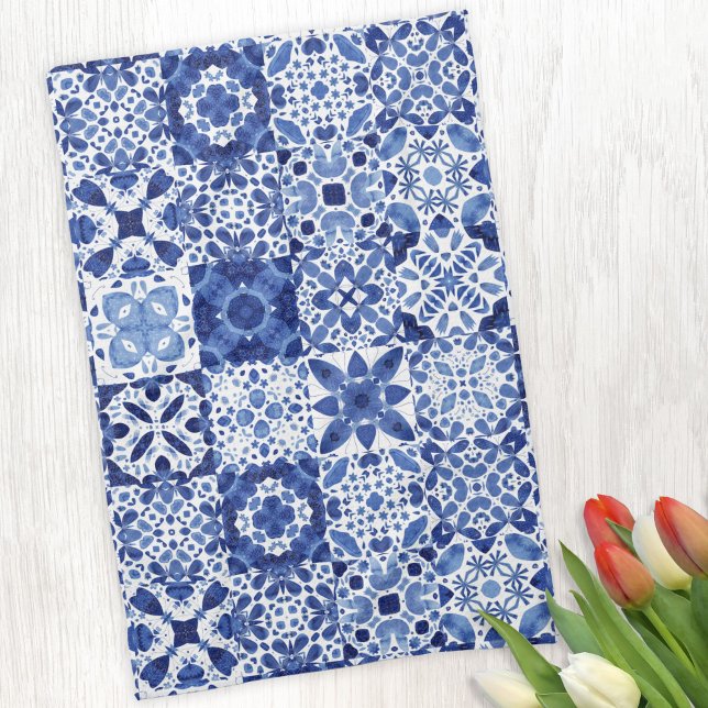 Tile Pattern Blue White Watercolor Kitchen Towel (Blue and white watercolor 
Mediterranean tile pattern kitchen towel)