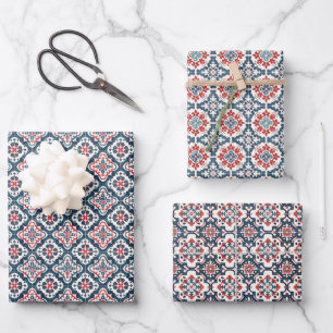 Tile Pattern with Navy, Red & Teal Floral Motifs Wrapping Paper Sheet