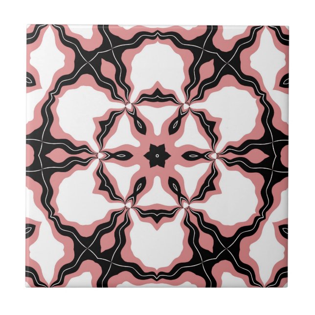 Tile, Pink, White & Black Flower Design Tile (Front)