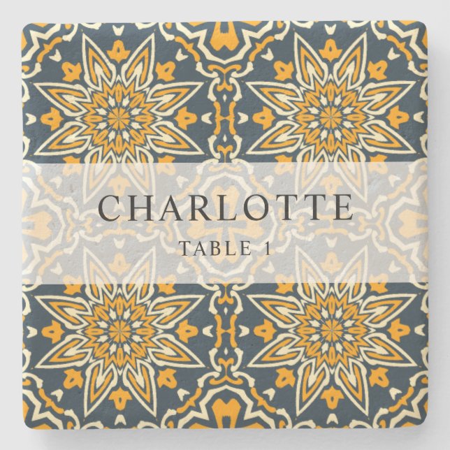 Tile Spanish Pattern Colourful Wedding Place Card Stone Coaster (Front)