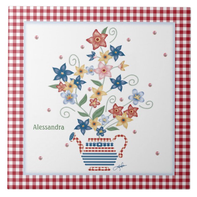 Tile Stencil Floral Red Gingham Personalized (Front)