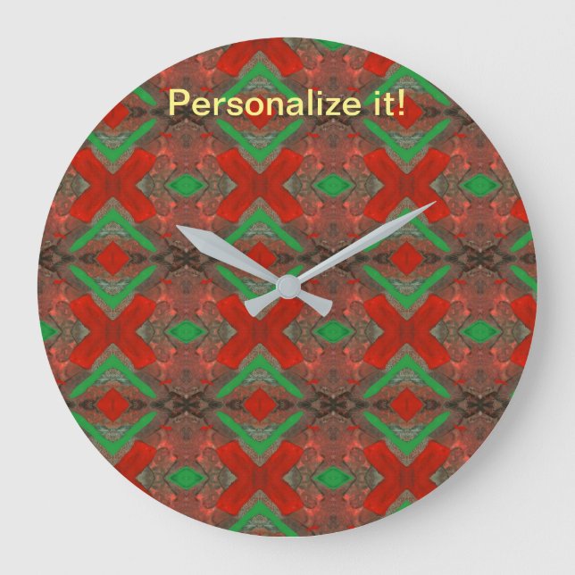 Tiled and mirrored psychedelic red, green design large clock (Front)
