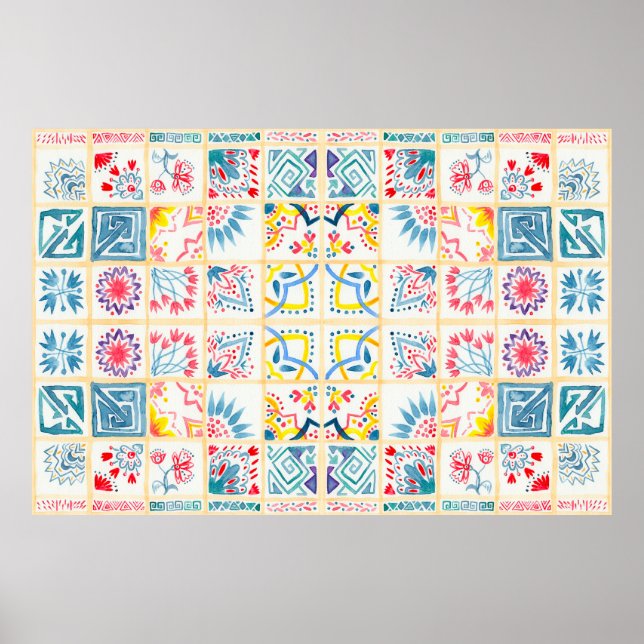 Tiled background with oriental ornaments. Watercol Poster (Front)