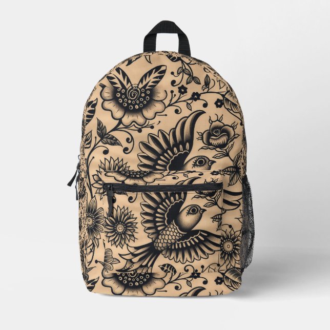 Tiled Bird and Flower Tattoo Pattern Printed Backpack (Front)
