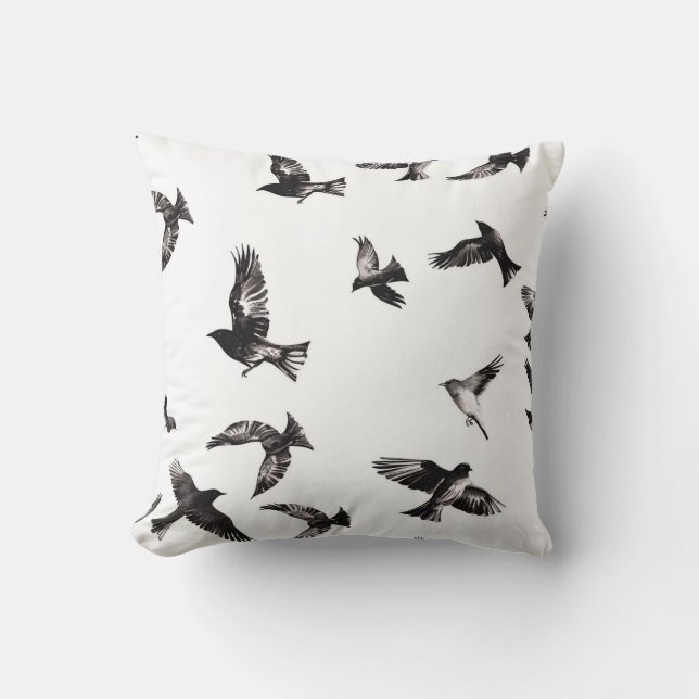 Tiled Black and White Bird Pattern Throw Pillow (Front)