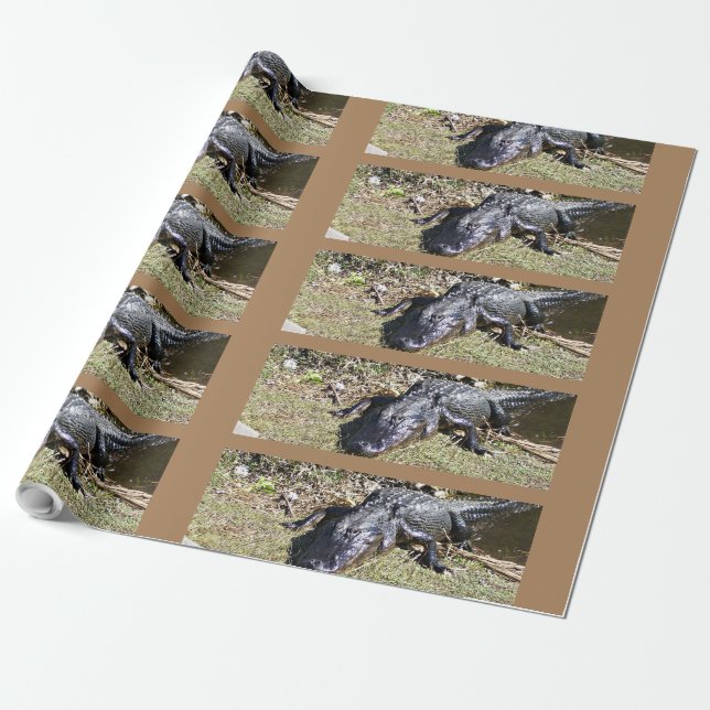 Tiled Everglades Alligator in Sunlit Marsh Grass Wrapping Paper (Unrolled)